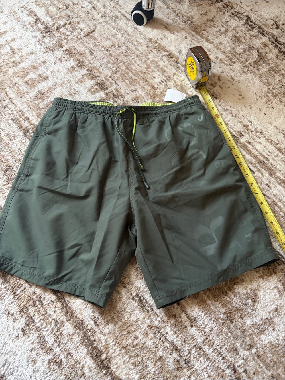 Hugo Boss Olive Green Swim Trunks with Neon Drawstring